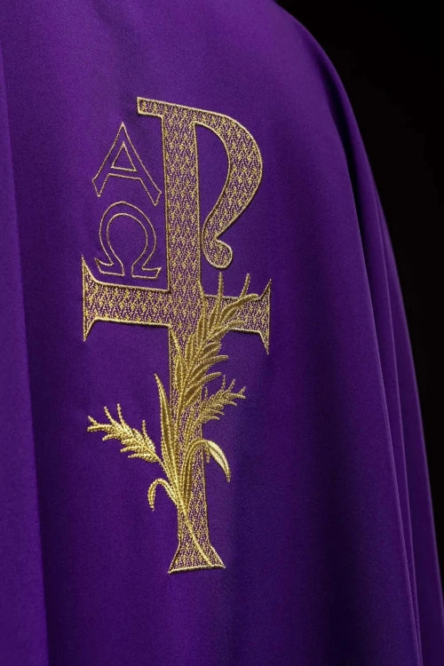 Purple Chasuble with Alpha and Omega embroidery and wide collar - gallery view 3