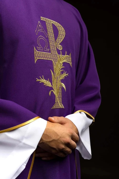 Purple Chasuble with Alpha and Omega embroidery and wide collar - gallery view 4