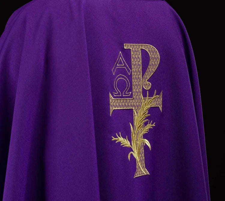 Purple Chasuble with Alpha and Omega embroidery and wide collar - gallery view 6