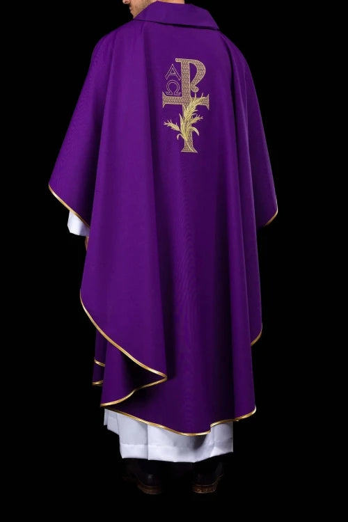 Purple Chasuble with Alpha and Omega embroidery and wide collar - gallery view 7