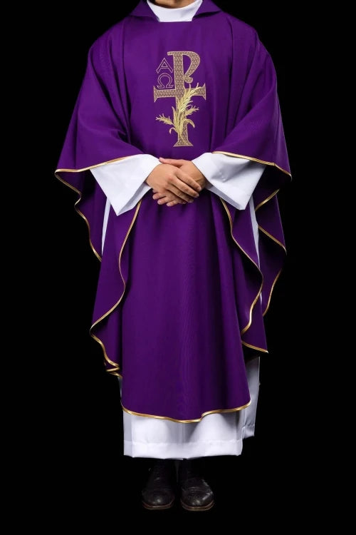 Purple Chasuble with Alpha and Omega embroidery and wide collar - gallery view 8