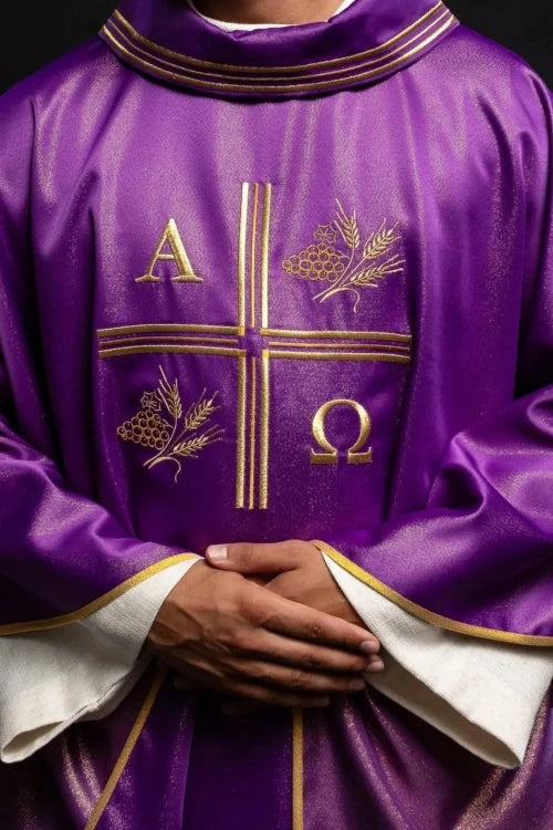 Purple Chasuble with Alpha, Omega, wheat and cross embroidery - gallery view 1