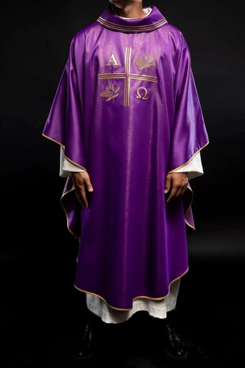 Purple Chasuble with Alpha, Omega, wheat and cross embroidery - gallery view 2