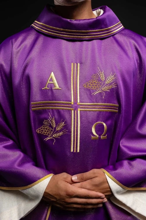 Purple Chasuble with Alpha, Omega, wheat and cross embroidery - gallery view 3