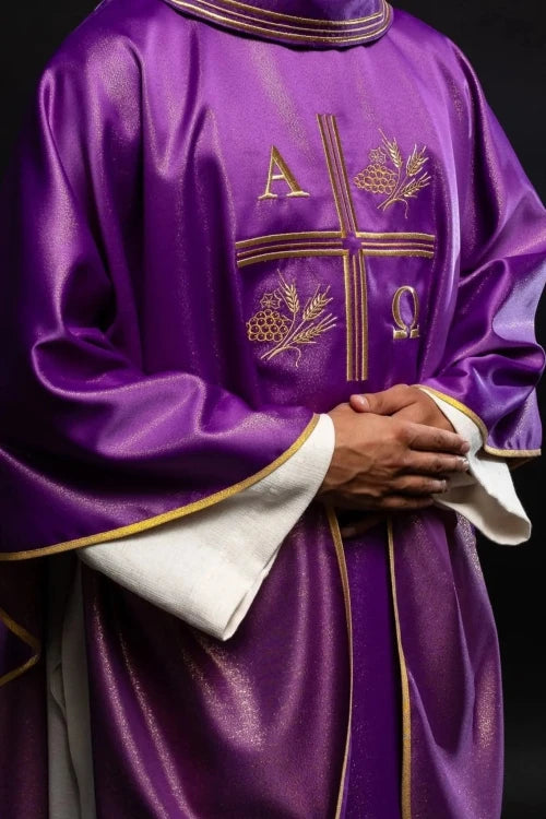 Purple Chasuble with Alpha, Omega, wheat and cross embroidery - gallery view 4