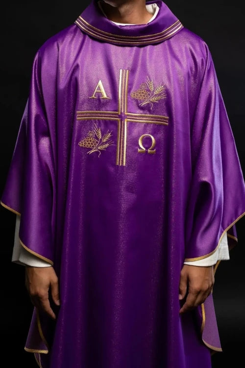 Purple Chasuble with Alpha, Omega, wheat and cross embroidery - gallery view 6