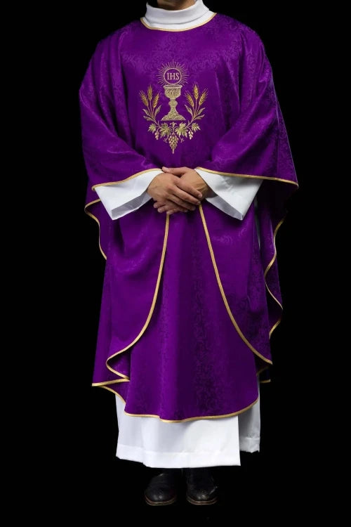 Purple Chasuble with chalice and host embroidery on jacquard fabric - gallery view 2