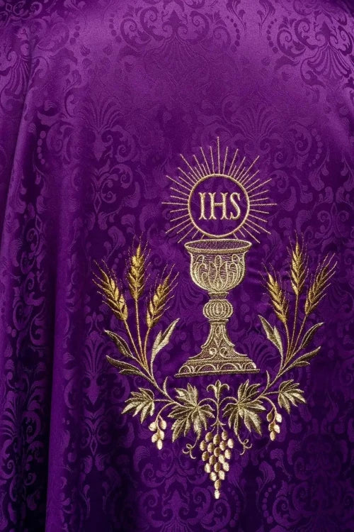 Purple Chasuble with chalice and host embroidery on jacquard fabric - gallery view 7