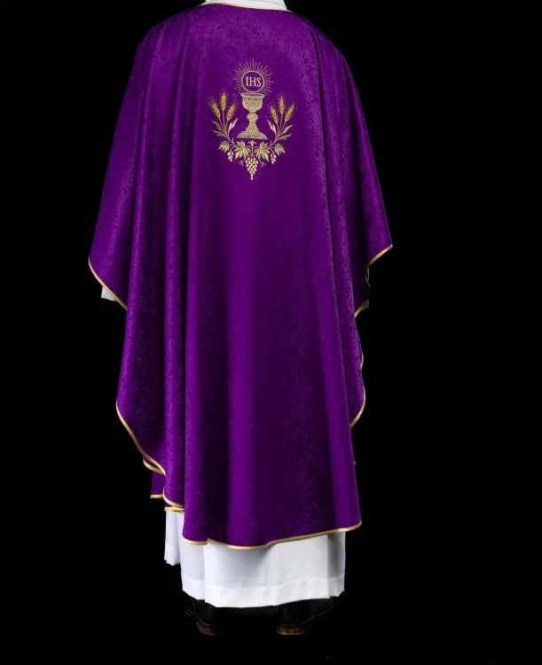 Purple Chasuble with chalice and host embroidery on jacquard fabric - gallery view 8