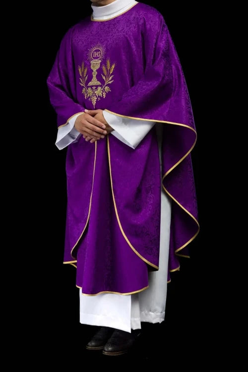 Purple Chasuble with chalice and host embroidery on jacquard fabric - gallery view 9