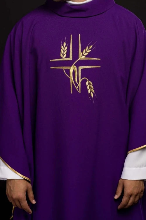 Purple Chasuble with cross and wheat embroidery - gallery view 1