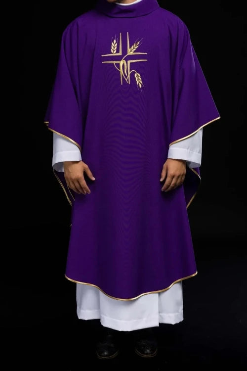 Purple Chasuble with cross and wheat embroidery - gallery view 2