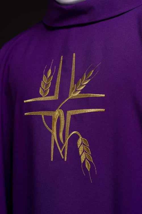 Purple Chasuble with cross and wheat embroidery - gallery view 3