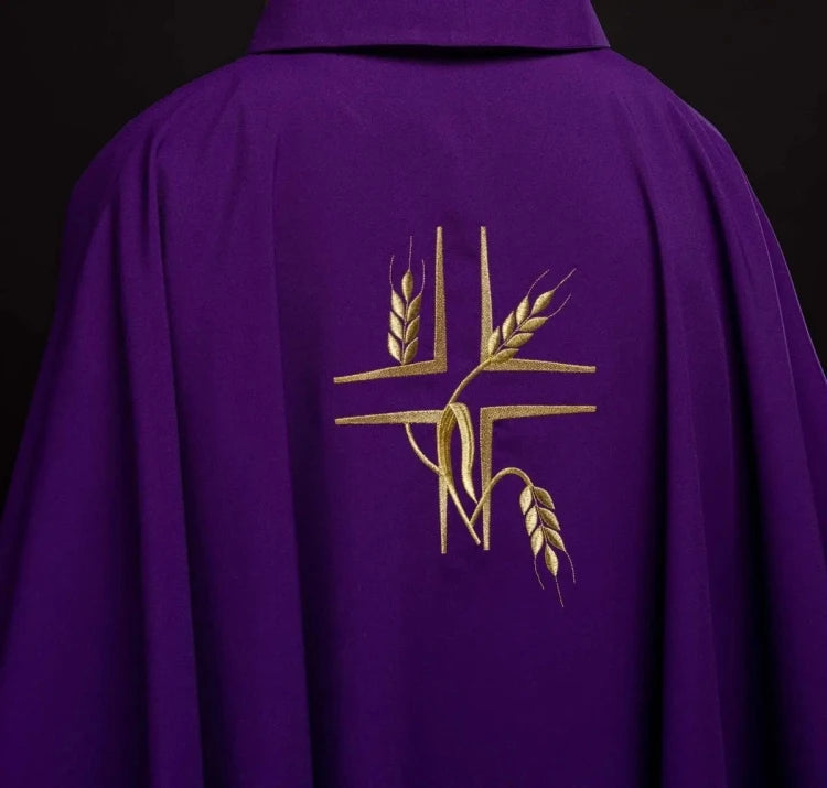Purple Chasuble with cross and wheat embroidery - gallery view 5
