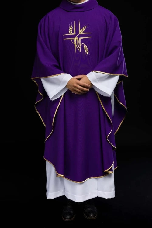 Purple Chasuble with cross and wheat embroidery - gallery view 7