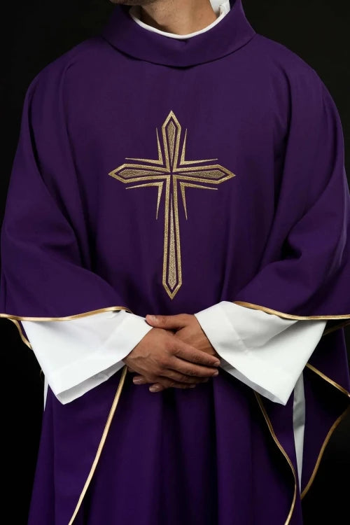 Purple Chasuble with cross embroidery and gold edging - gallery view 1