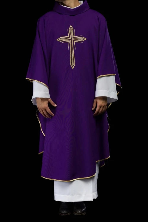 Purple Chasuble with cross embroidery and gold edging - gallery view 2