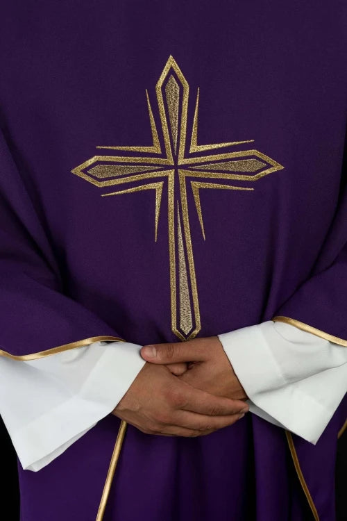 Purple Chasuble with cross embroidery and gold edging - gallery view 3