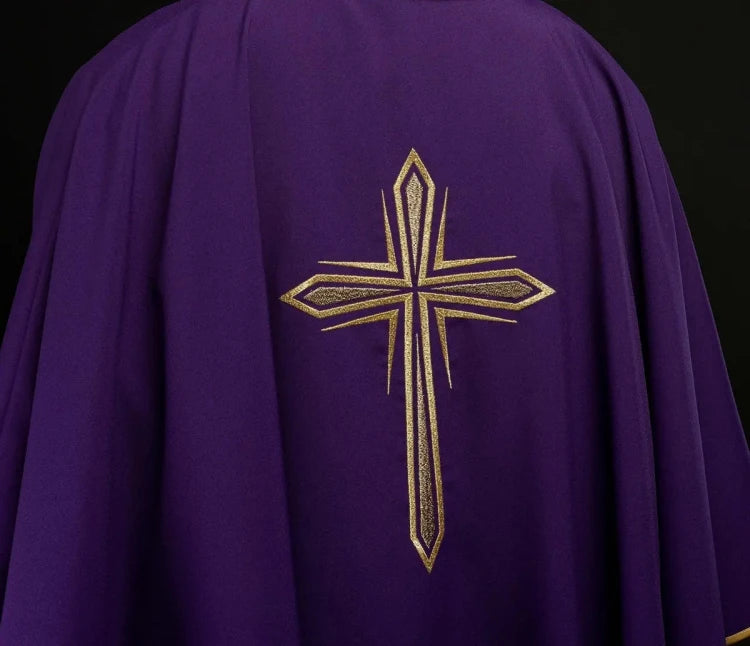 Purple Chasuble with cross embroidery and gold edging - gallery view 6