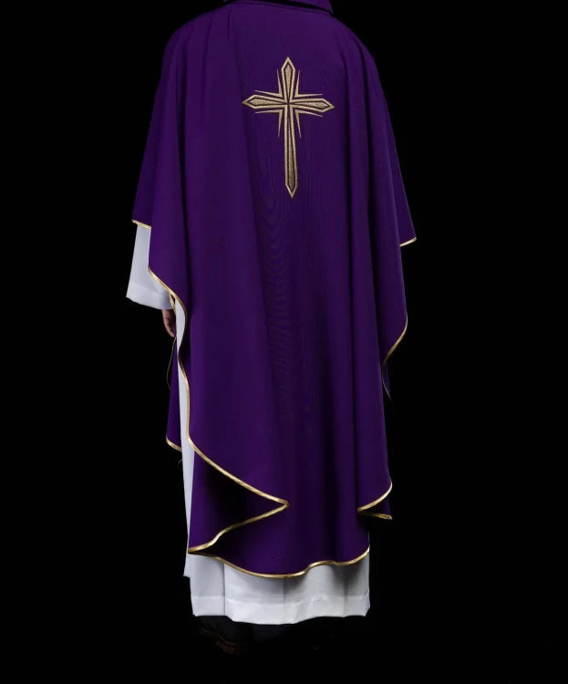 Purple Chasuble with cross embroidery and gold edging - gallery view 7