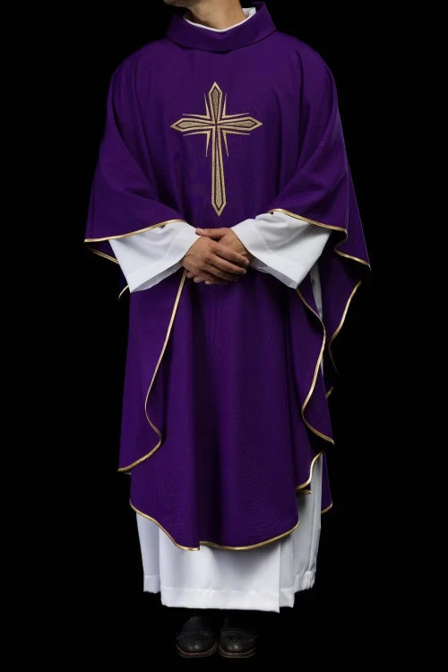 Purple Chasuble with cross embroidery and gold edging - gallery view 8