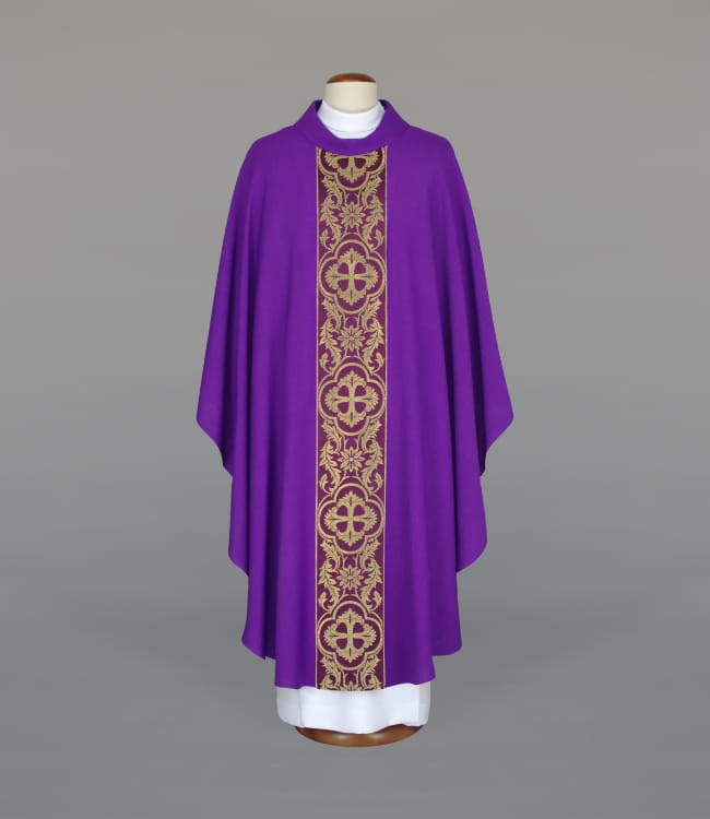 Purple Chasuble with elegant woven decorative band - gallery view 1