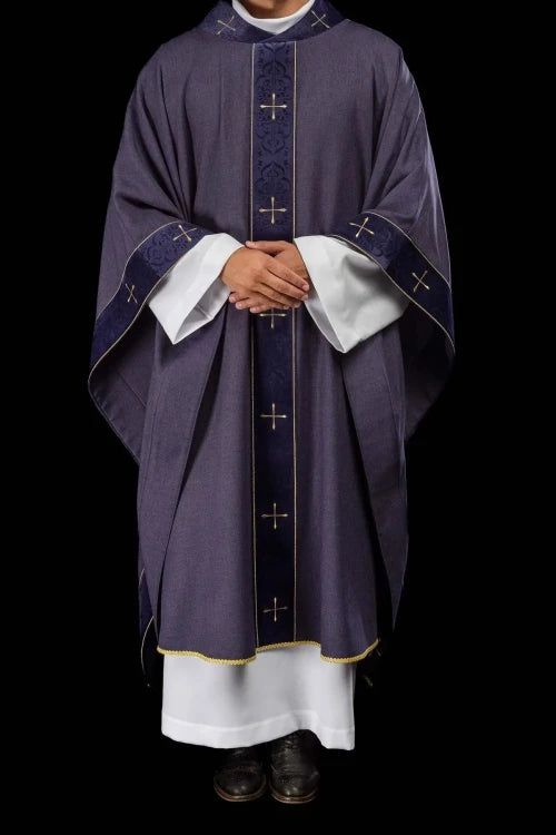 Purple Chasuble with embroidered band and cross-decorated collar - gallery view 2