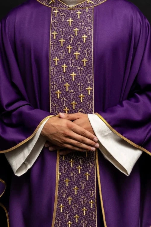 Purple Chasuble with embroidered band with cross motif - gallery view 1
