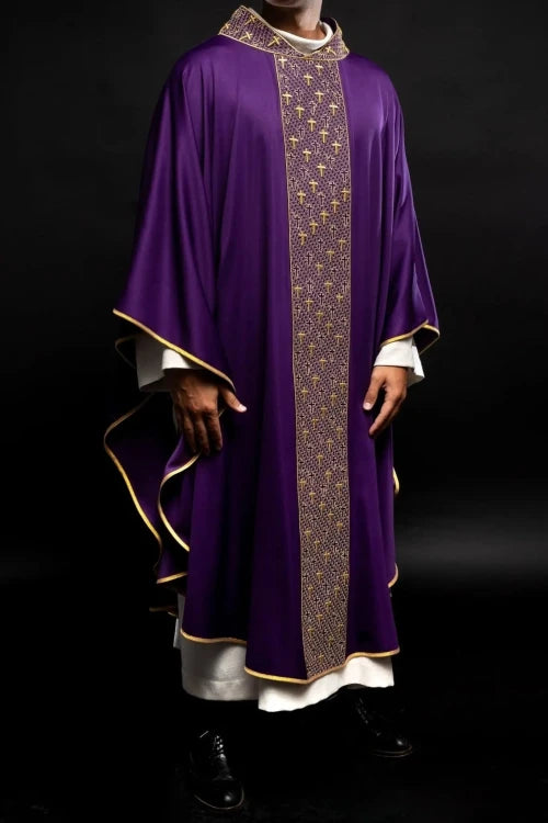 Purple Chasuble with embroidered band with cross motif - gallery view 2