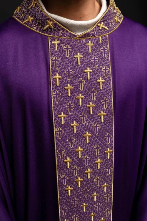 Purple Chasuble with embroidered band with cross motif - gallery view 3