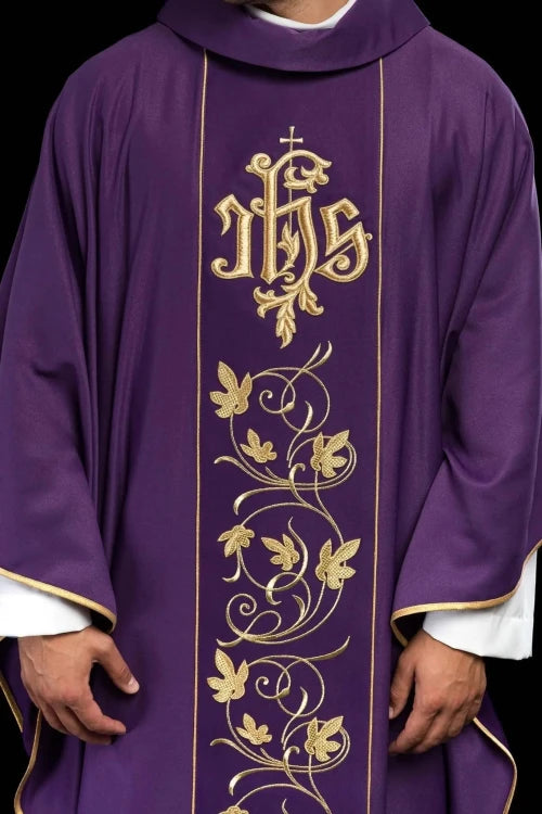 Purple Chasuble with embroidered band with IHS and floral motif - gallery view 1