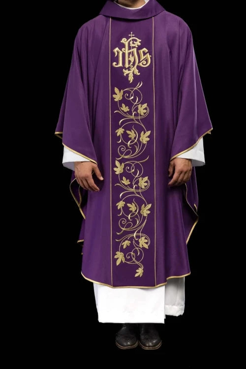 Purple Chasuble with embroidered band with IHS and floral motif - gallery view 2