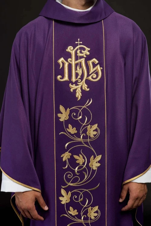 Purple Chasuble with embroidered band with IHS and floral motif - gallery view 3