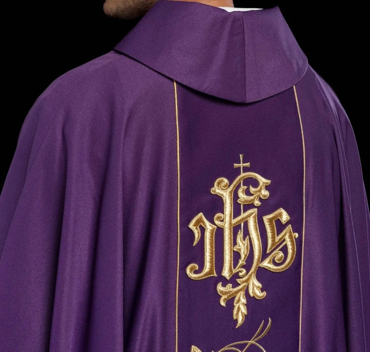 Purple Chasuble with embroidered band with IHS and floral motif - gallery view 5