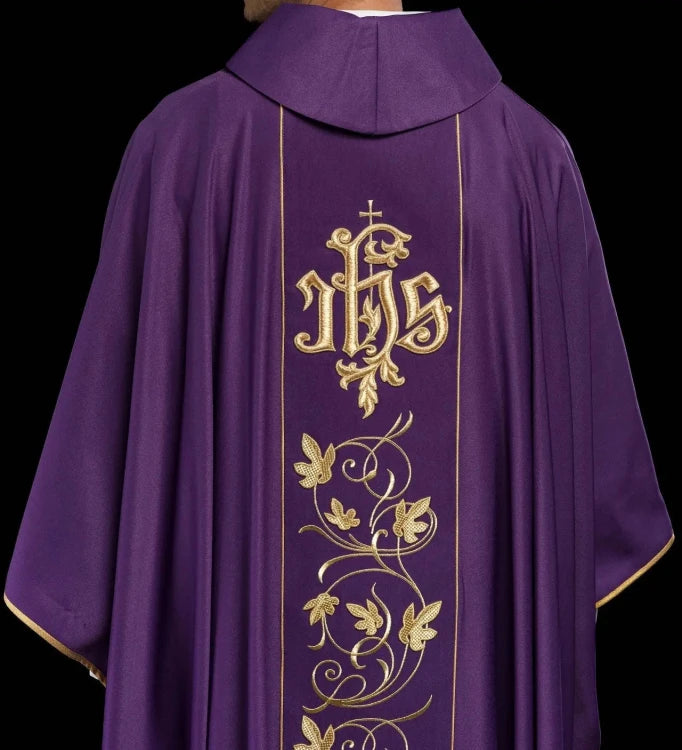 Purple Chasuble with embroidered band with IHS and floral motif - gallery view 6