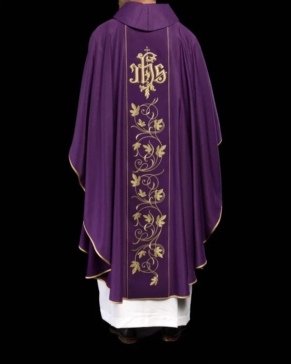 Purple Chasuble with embroidered band with IHS and floral motif - gallery view 7
