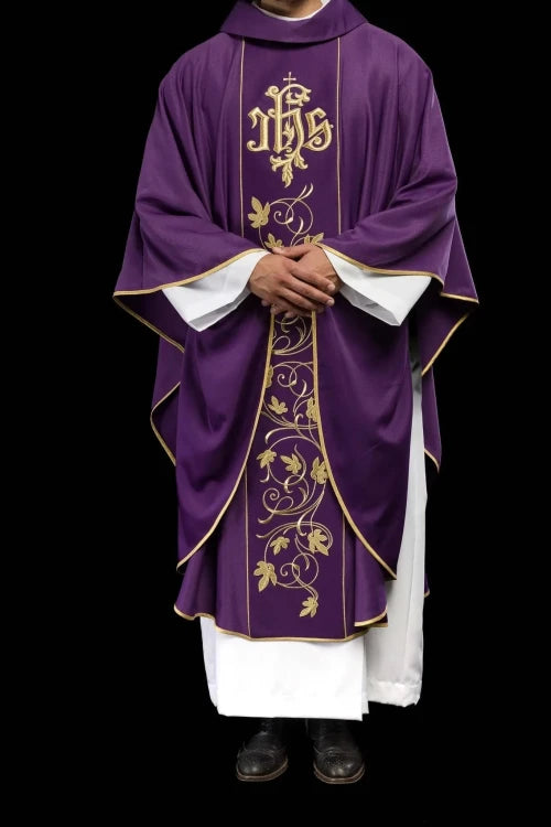 Purple Chasuble with embroidered band with IHS and floral motif - gallery view 8