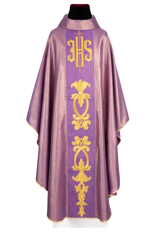 Purple Chasuble with embroidered band with IHS monogram - gallery view 1