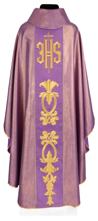 Purple Chasuble with embroidered band with IHS monogram - gallery view 2