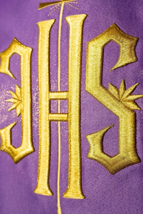 Purple Chasuble with embroidered band with IHS monogram - gallery view 3
