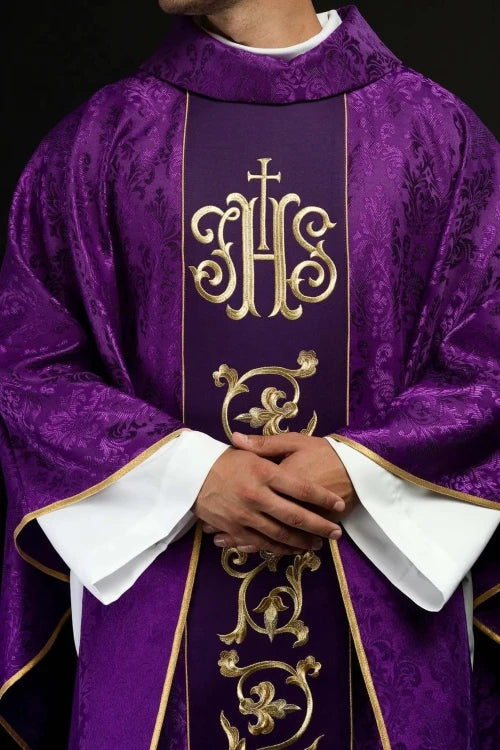Purple Chasuble with embroidered band with IHS monogram - Variant III - gallery view 1