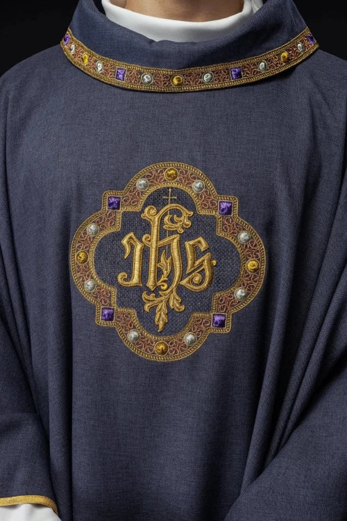Purple Chasuble with embroidered band with IHS monogram - Variant V - gallery view 3