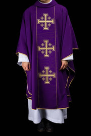 Purple Chasuble with embroidered band with Jerusalem crosses - gallery view 1