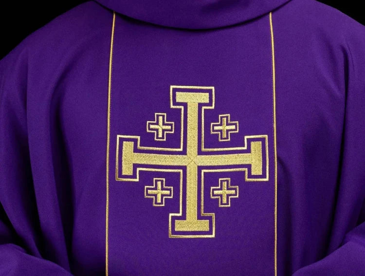 Purple Chasuble with embroidered band with Jerusalem crosses - gallery view 2