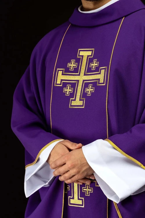 Purple Chasuble with embroidered band with Jerusalem crosses - gallery view 3