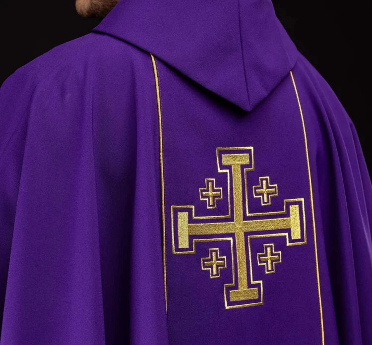 Purple Chasuble with embroidered band with Jerusalem crosses - gallery view 5