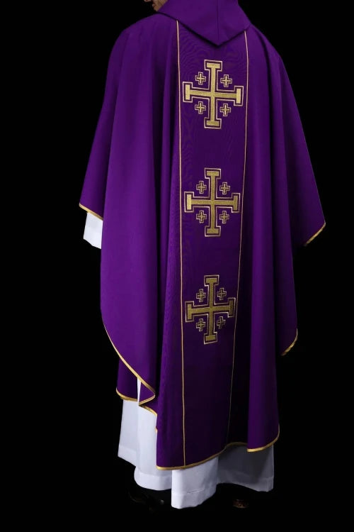 Purple Chasuble with embroidered band with Jerusalem crosses - gallery view 6