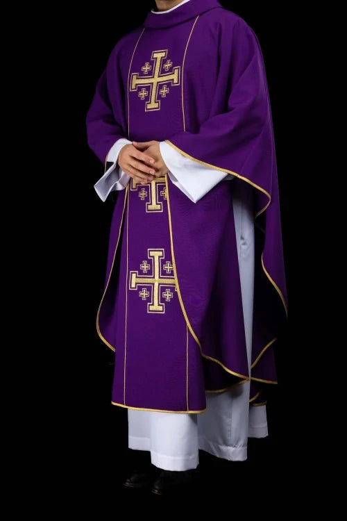 Purple Chasuble with embroidered band with Jerusalem crosses - gallery view 7