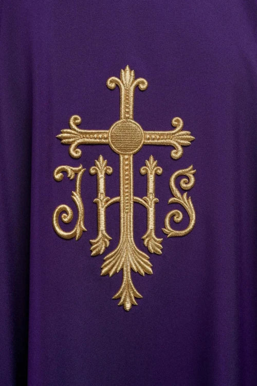 Purple Chasuble with embroidered cross and JHS monogram - gallery view 3