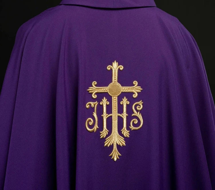 Purple Chasuble with embroidered cross and JHS monogram - gallery view 7